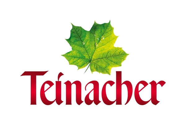 Teinacher-Logo mit grünem Ahornblatt und roten Buchstaben