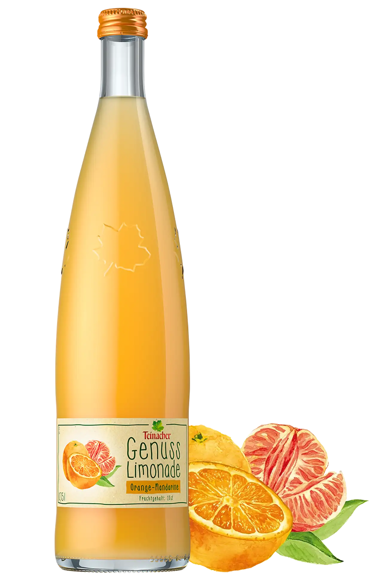 Eine Teinacher Genuss-Limonade Orange-Mandarine in der 0,75 Liter Genussflasche neben Orangen und Mandarine