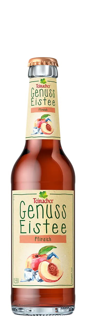 Teinacher Genuss Eistee Pfirsich in der 0,33-l-Longneckflasche als freigestellter Produktpackshot.